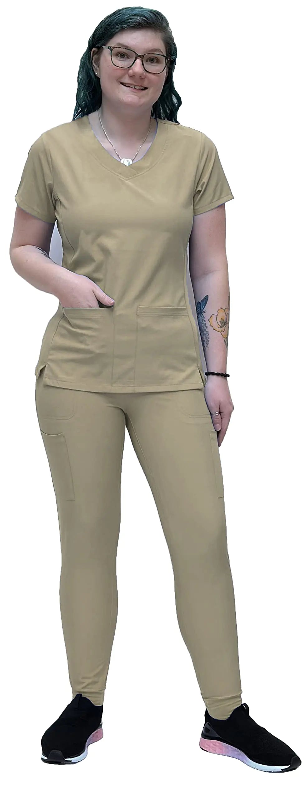 ANGIE UNIFORMS YOGAFLEX Jogger Scrubs for Women Set. Regular and PETITE. Side Spandex 2 Pockets Top with Yoga Waist Joggers (KHAKI1 M)